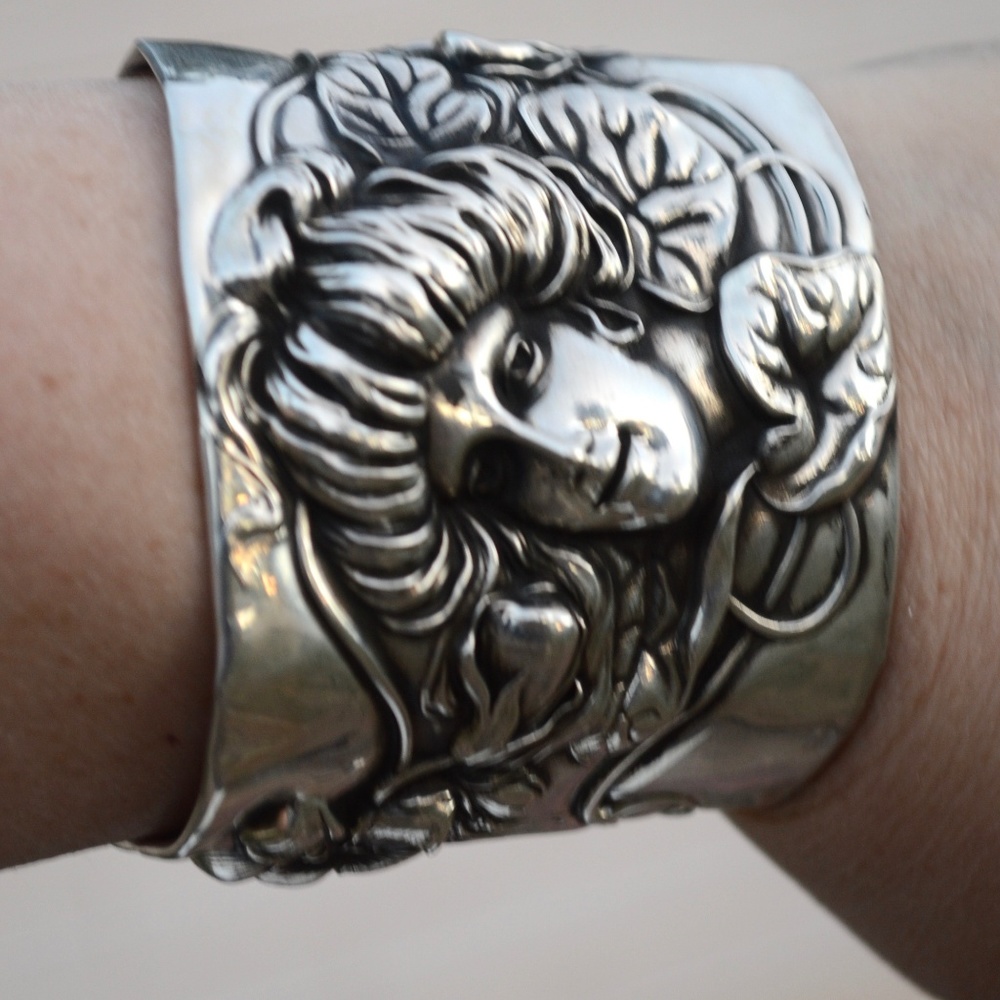 Antique Art Nouveau Sterling Silver Cuff 925 Wide Lady Face Gibson Girl Floral - Picture 5 of 8